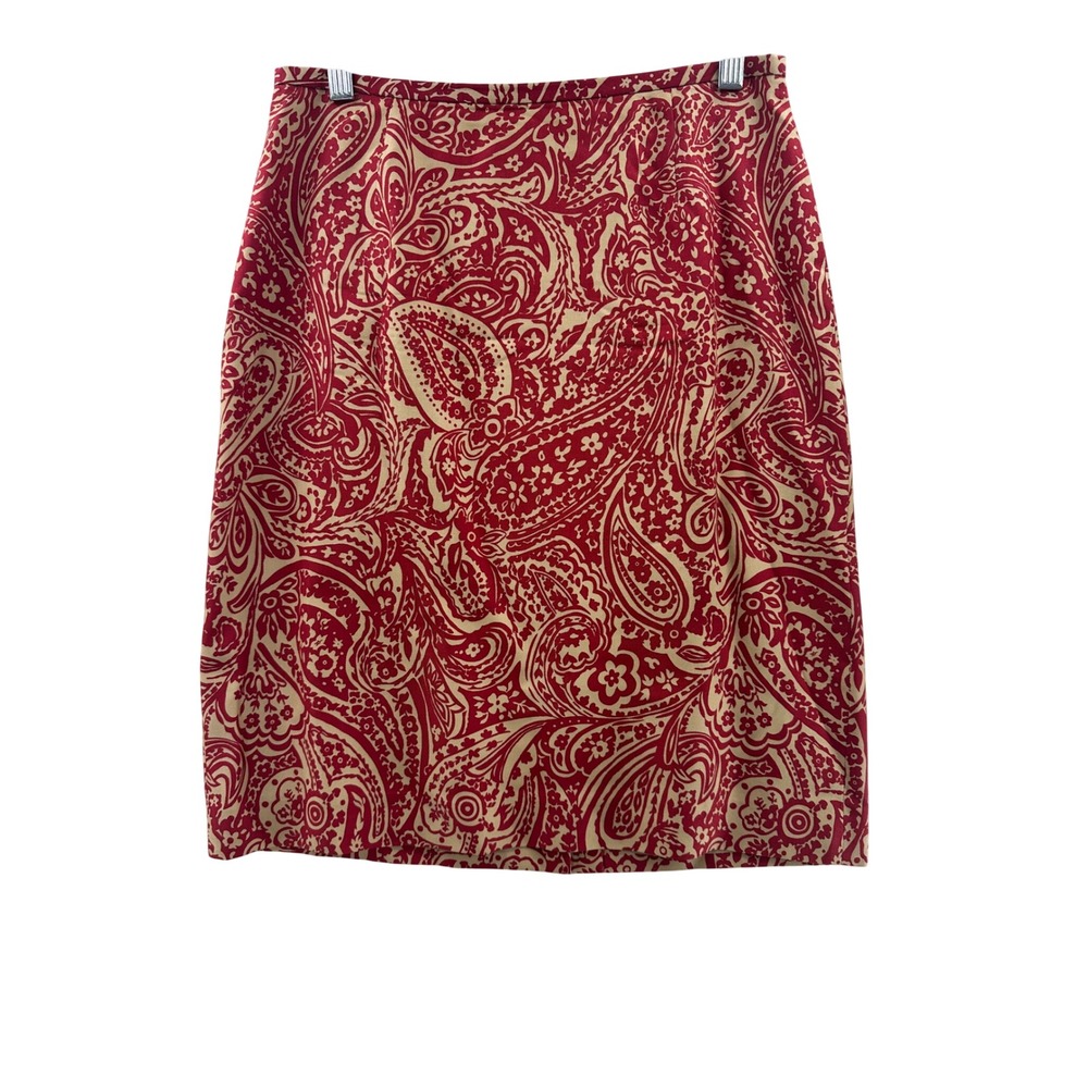 Ann Taylor Silk Wool Paisley Print Pencil Skirt Red Beige Women's Size‎ 4